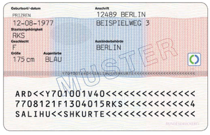 Dokumente mit elektronischem Speicher- und Verarbeitungsmedium - Niederlassungserlaubnis (Familienangehöriger) - Rückseite - (BGBl. I 2011 S. 1543)