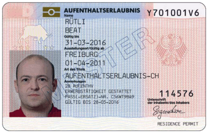 Dokumente mit elektronischem Speicher- und Verarbeitungsmedium - Aufenthaltserlaubnis-CH - Vorderseite - (BGBl. I 2011 S. 1545)