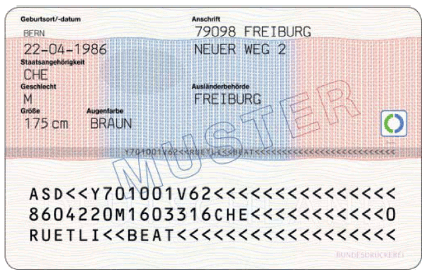 Dokumente mit elektronischem Speicher- und Verarbeitungsmedium - Aufenthaltserlaubnis-CH - Rückseite - (BGBl. I 2011 S. 1545)