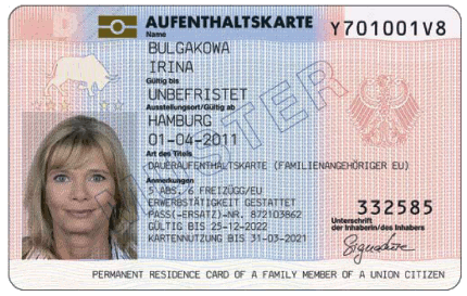 Dokumente mit elektronischem Speicher- und Verarbeitungsmedium - Daueraufenthaltskarte (Familienangehöriger EU) - Vorderseite - (BGBl. I 2011 S. 1547)